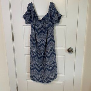 Cc Blue & White Floral Zig Zag Striped Short Sleeve Off Shoulder Dress Size M